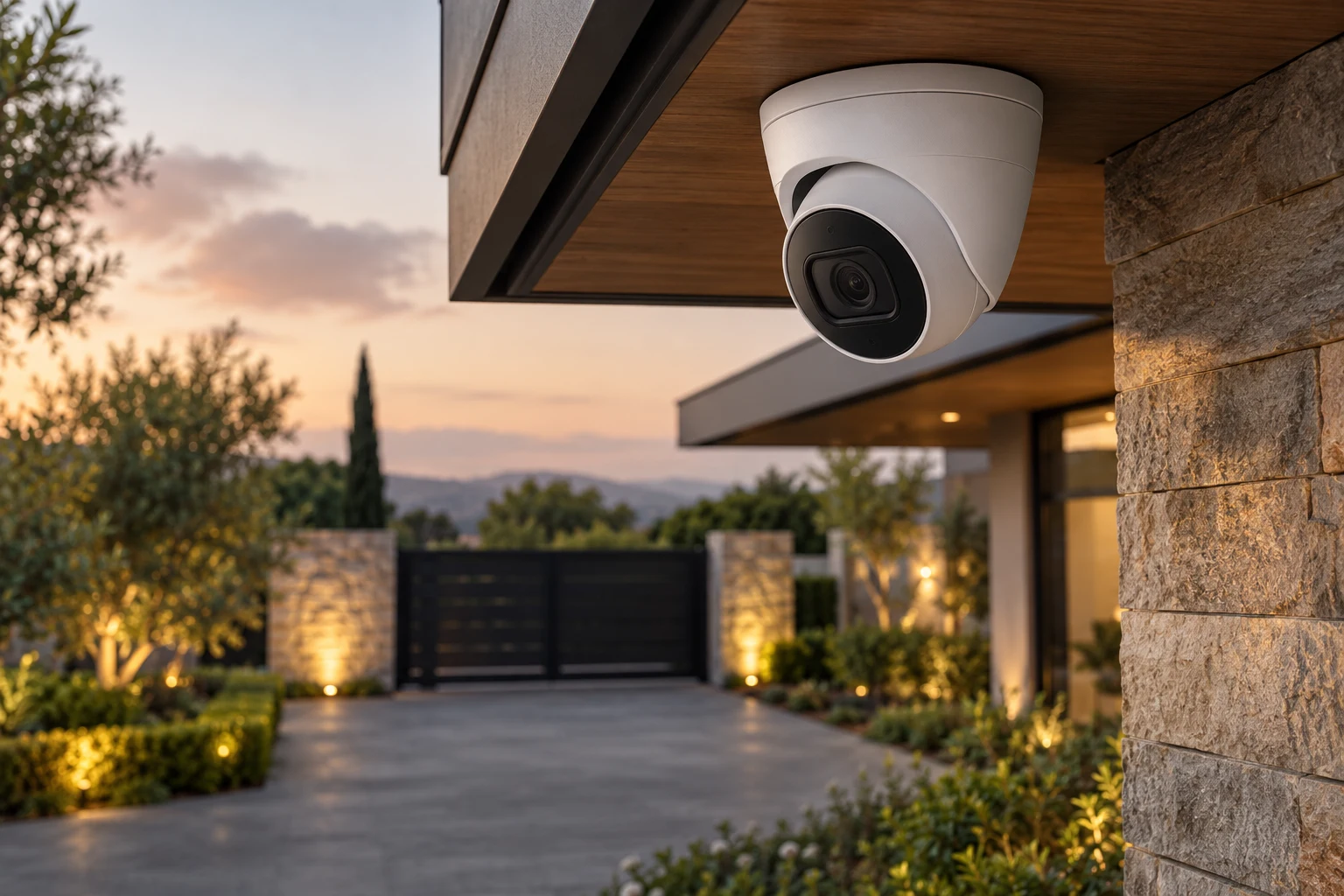 Surveillance camera overlooking a landscaped driveway