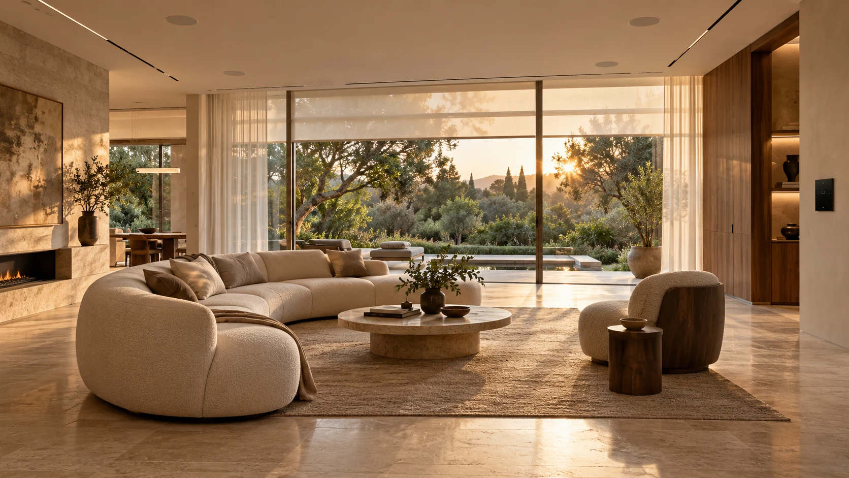 Warm contemporary living room with integrated smart-home controls
