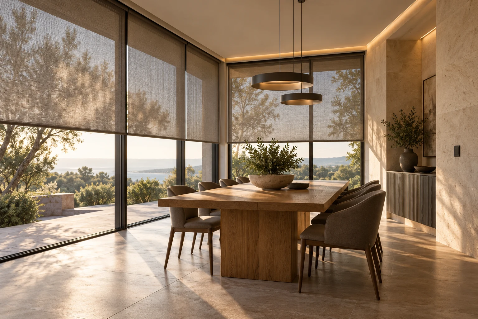 Dining room with motorized roller shades and architectural lighting